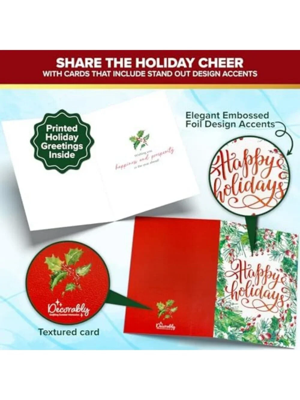 40 Pack Foil Embossed 5x7 Holiday Cards - Assorted Designs for All Occasions